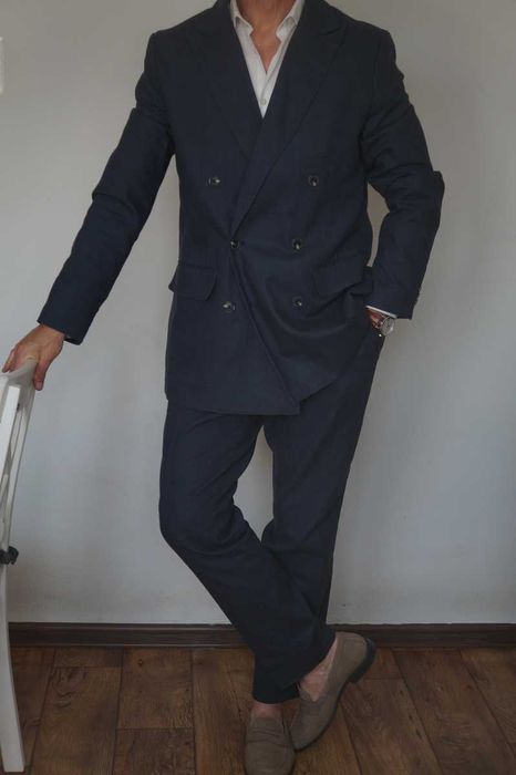 Reserved M Granatowy Garnitur Dwurzędowy Letni Len Bawełna Regular Fit Elegancki Styl