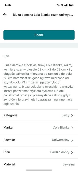 Bluza damska Lola Bianka rozm uni wysyłka InPost