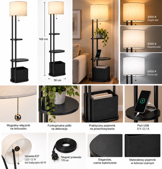 Lampa podłogowa EDISHINE z półkami i USB 165 cm czarna