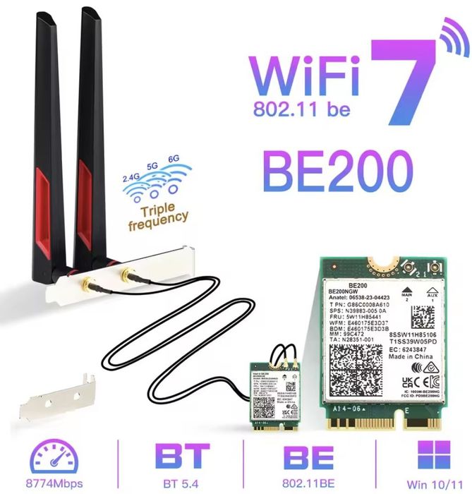 Wi-Fi 7 адаптер Intel BE200NGW. Bluetooth 5.4 з антеннами 10 DBI
