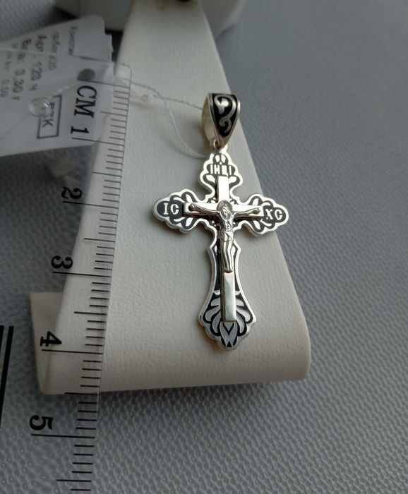 Серебряный крестик с черной эмалью Спаси и Сохрани срібний хрест