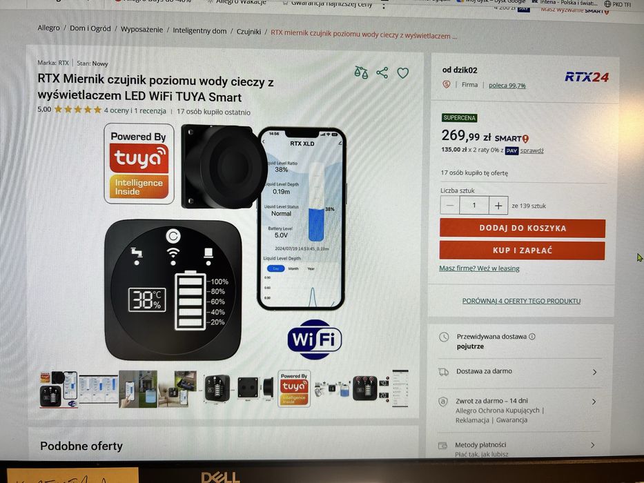 Czujnik poziomu wody, cieczy, z wyświetlaczem. RTX. Tuya. Smart