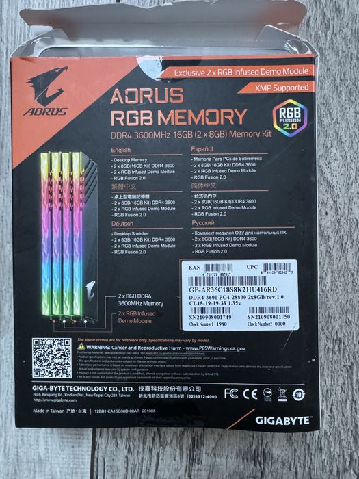 Pamięć RAM Gigabyte AORUS RGB 16 GB (2x8 GB) DDR4 3600 MHz