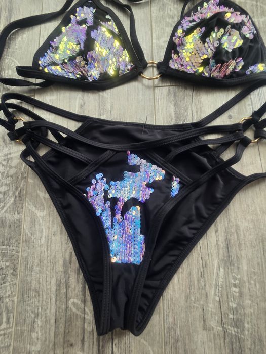 Piękny strój kąpielowy bikini z cekinami w stylu glamour  XS