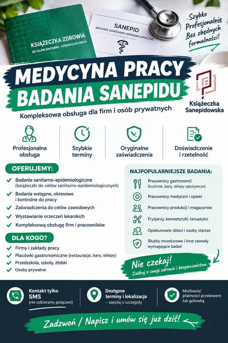 Gabinet Książeczka sanepi-du – badania sanitarno-epidemiologiczne, medycyna pracy