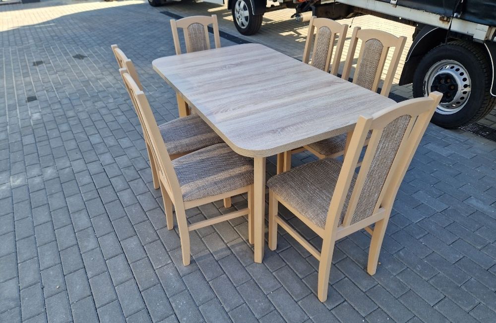 Nowe: Stół 80x140/180 + 6 krzeseł, sonoma + cappuccino,  transPL