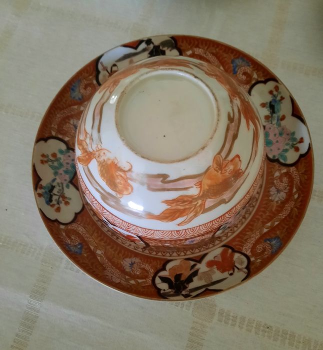 3 taças com prato em porcelana Satsuma