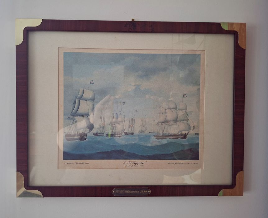 Reprodukcja grafiki marynistycznej, obraz w ramie