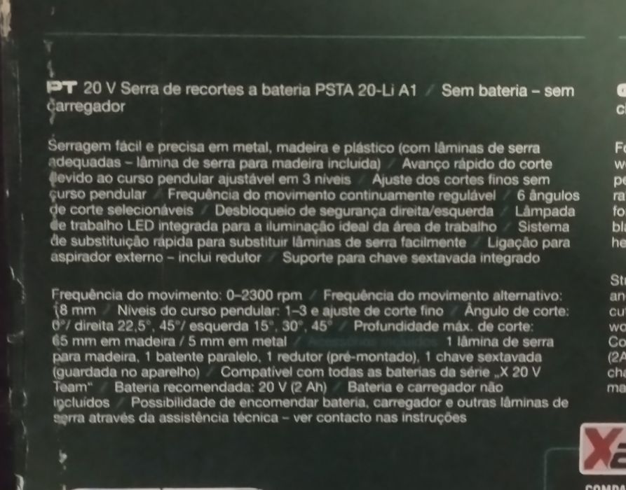 Tico Tico/ serra de recortes a bateria Parkside 20v