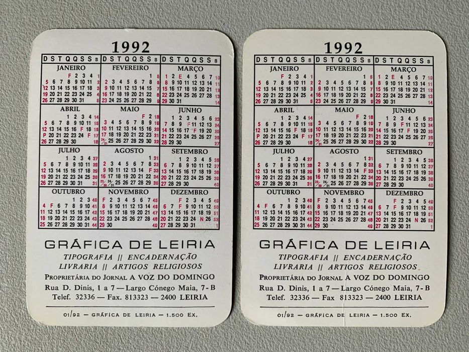 Calendários de 1992 - Carros Antigos (preço unitário)