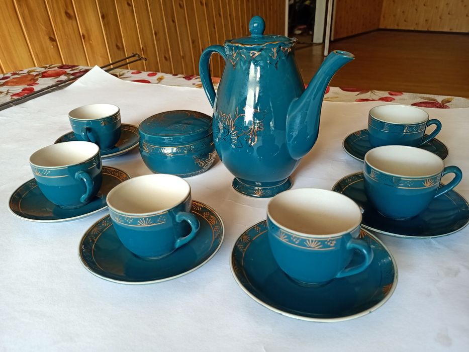 Serwis Zestaw kawowy, herbaciany w pięknym turkusowym kolorze, złocen