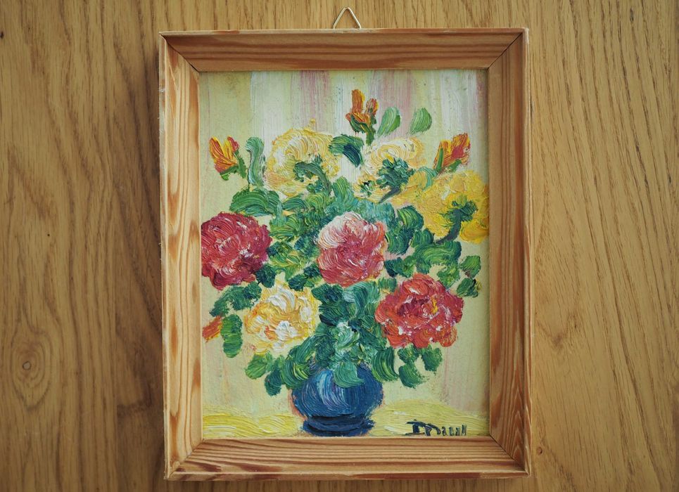 Stare obrazki olejne na dykcie, kwiaty, Krystiana Drzysga