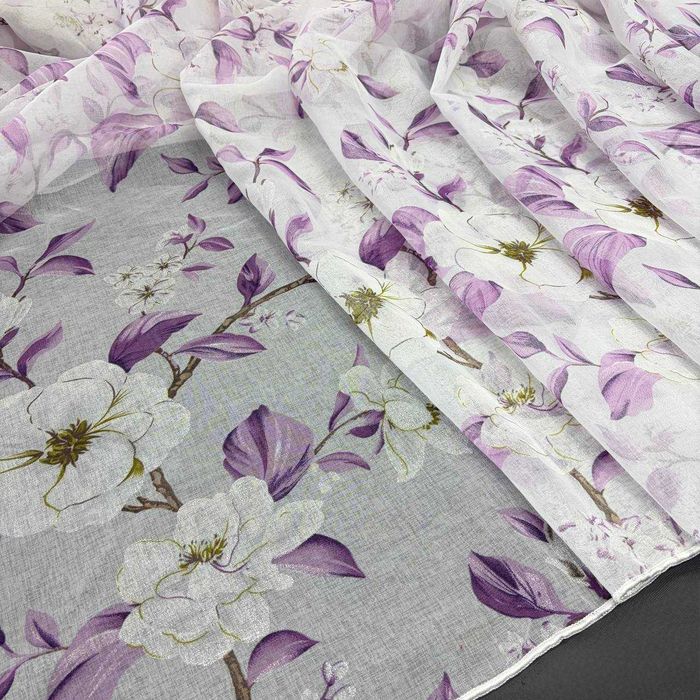 Тюль Magnolia з бузково-фіолетовим листям готовий батист під льон 150–600 см (YH85-16)