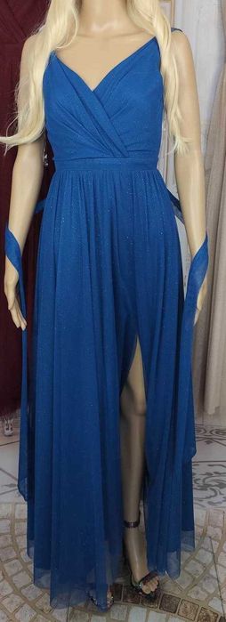 Brokatowa niebieska sukienka Balowa r.38