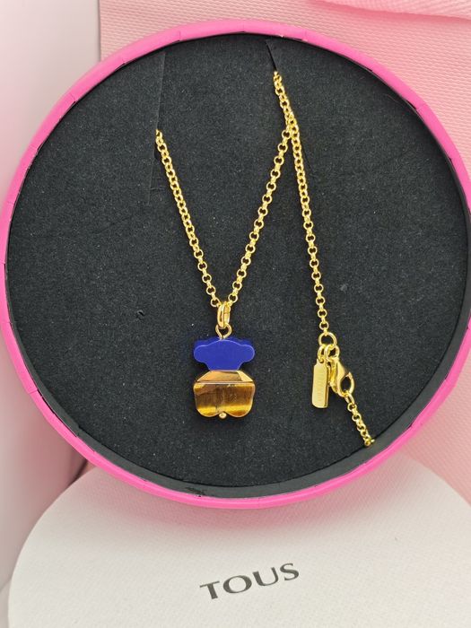 Naszyjnik z misiem żółte srebro vermeil 925 z tygrysim okiem