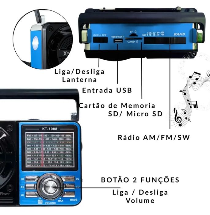 Rádio Am Fm Retrô Antigo Bluetooth Recarregável Bivolt Azul