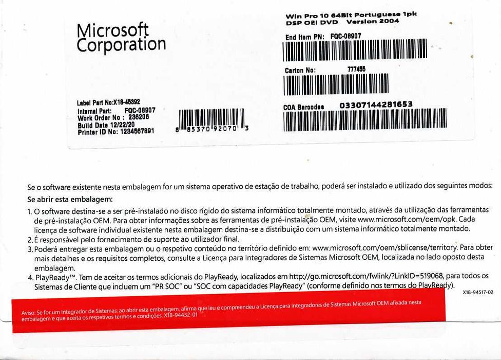 Microsoft Windows Original ainda Selado - Windows 10 / 11