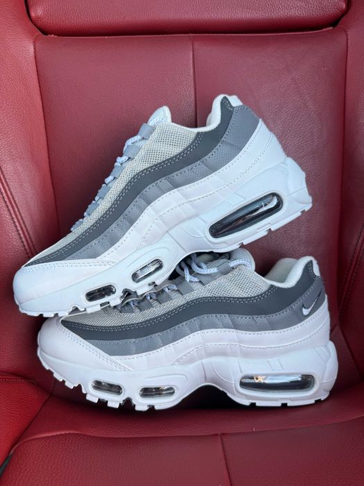 (БЕЗ ПЕРЕДОПЛАТИ) Nike Air Max 95 Grey White найк ейр макс 95 сіро-білі шкіряні сітчасті кросівки з прозорими повітряними подушками
