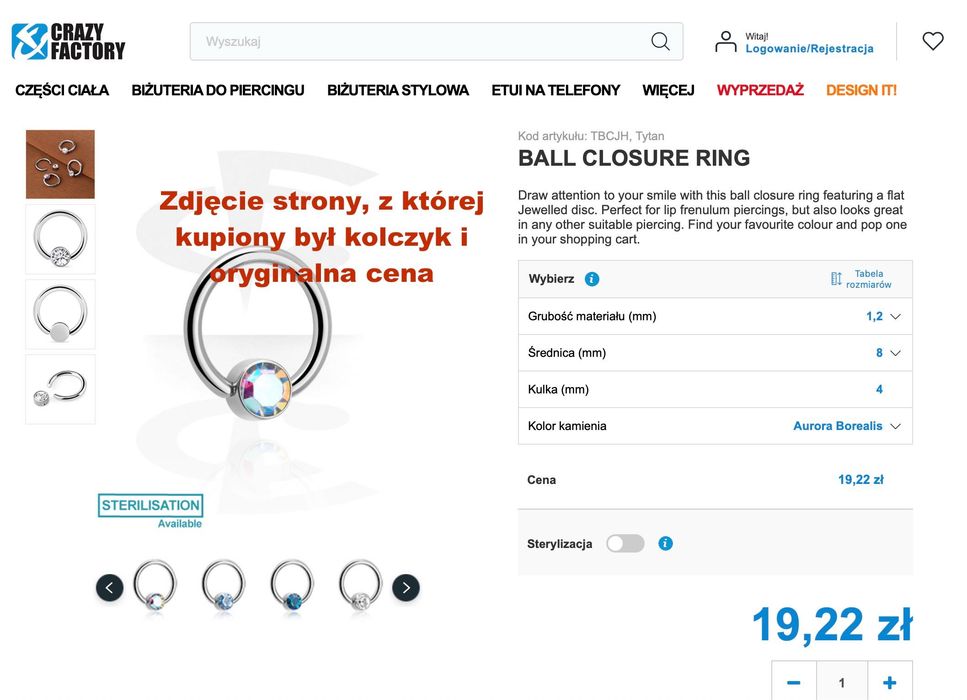 Kolczyki biżuteria piercing tytan kółko kryształek 1,2 8 ring titanium