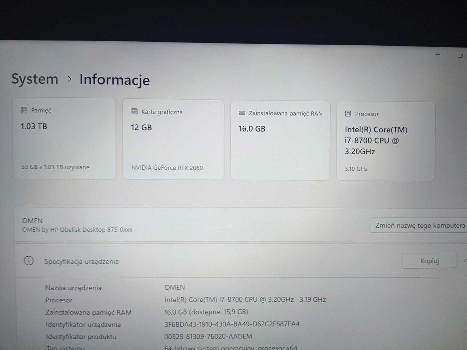 PC - Intel i7 12x3.2GHz/16GB DDR4/RTX2060 12GB!/NVMe+HDD 1TB/550W 80+