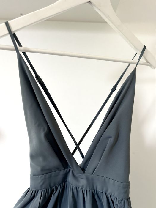 Stalowo-niebieska wizytowa sukienka suknia maxi maksi letnia zwiewna