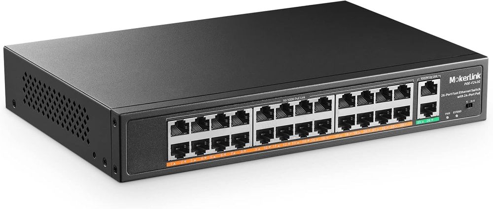 MokerLink 26-portowy Przełącznik,24 porty PoE+ 100 Mb/s,2x uplink 400W