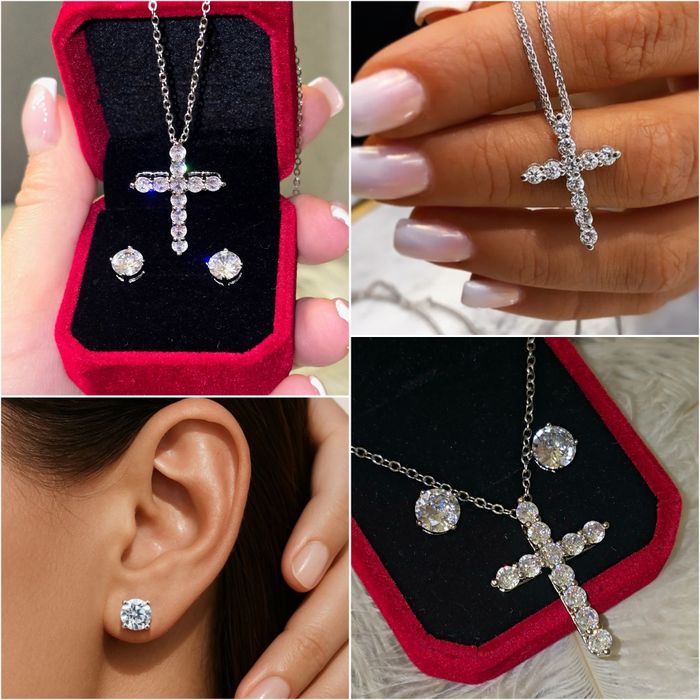 Крестик  и сережки с камнями.