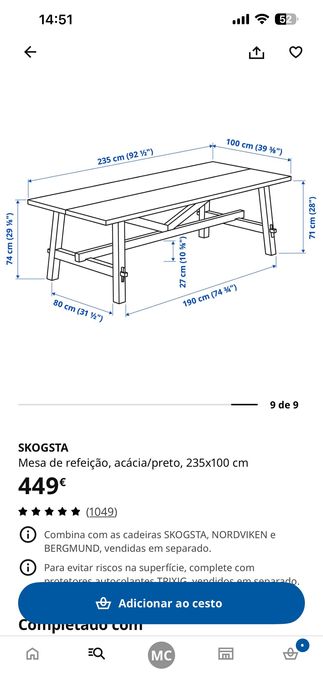 Vendo conjunto mesa SKOSTA e 6 cadeiras ROSENTORP IKEA