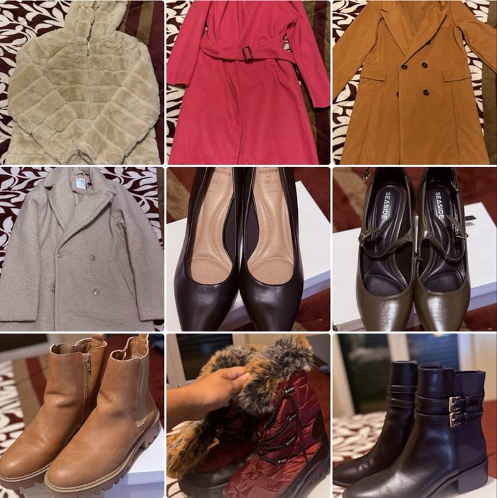 Lote de roupa e calçado feminino NOVOS – casacos, botas e sapatos