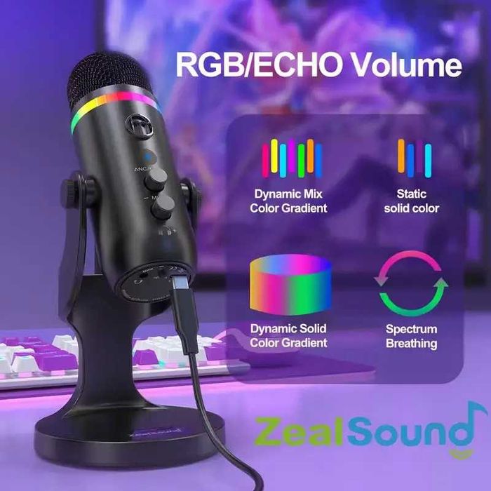 USB мікрофон ZealSound K66 PRO з RGB-підсвіткою для стрімінгу ( noise-canceling, touch control, gain & echo, чорний)