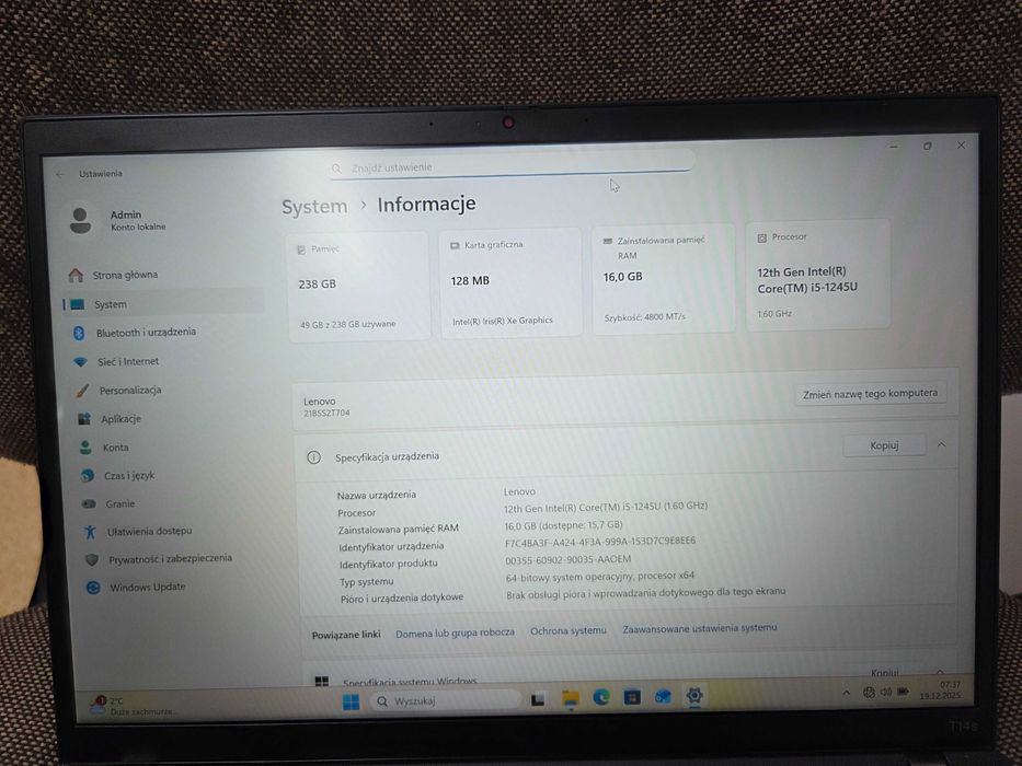 Laptop Lenovo THINKPAD T14 G3 I5-1245U/16GB RAM/256GB/LTE jak nowy