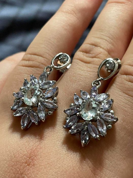 Серьги из 925 пробы с  овальным аквамарином  и танзанитом