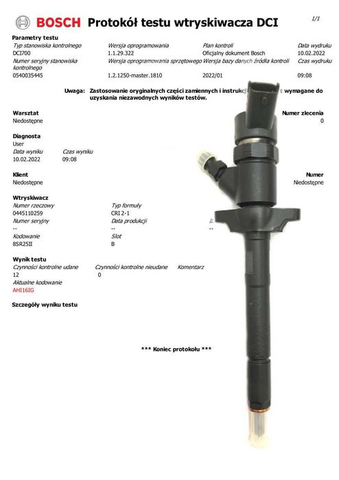 Wtryskiwacze KOMPLET 4SZT BOSCH 0445.110.259 1.6 TDCI Citroen Peugeot