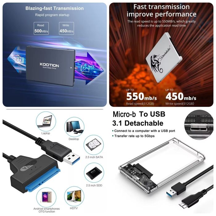 Нові SSD 120GB, 128GB, 256GB SataIII 2,5"/Карман,Адаптер Sata to USB