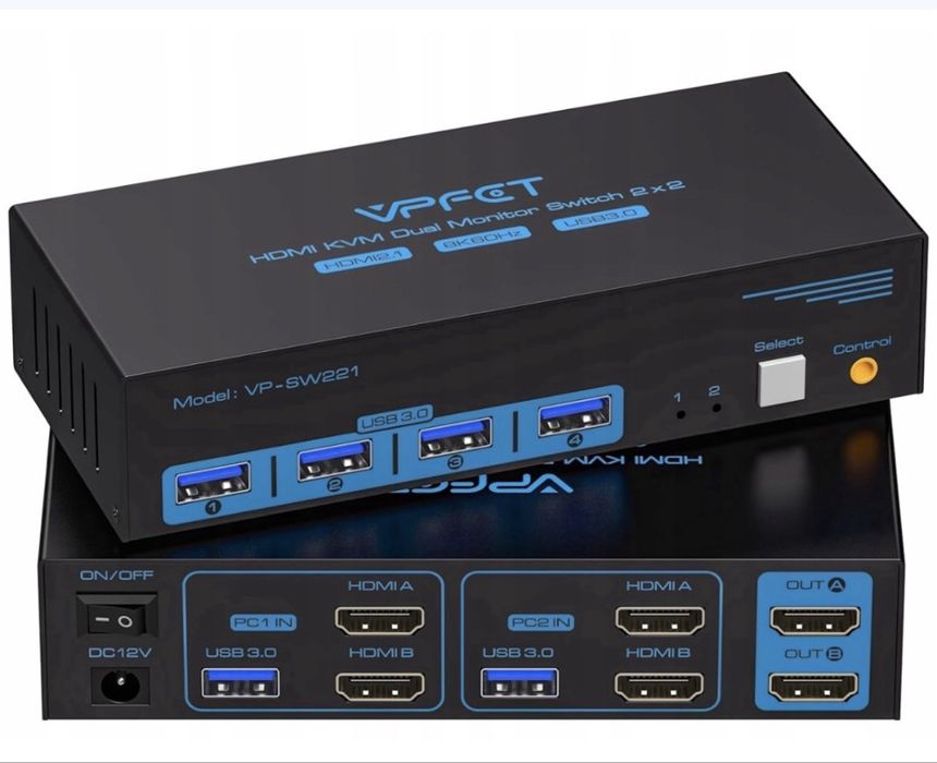 Przełącznik KVM Dla 2 Komputerów Udostępnia 2 Monitory