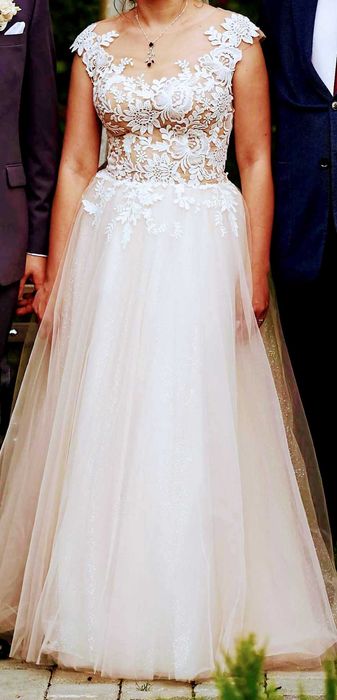 Koronkowa suknia ślubna rozm 38 Ecru, poduszka na obrączki gratis:)