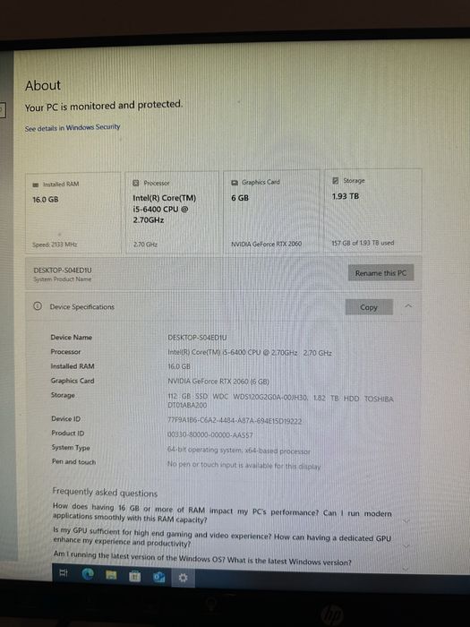 i5-6400 | 16GB | RTX 2060 6GB | 2TB | 128GB