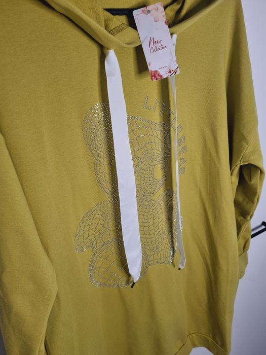Długa bluza z kapturem limonka cyrkonie MIŚ wstążki