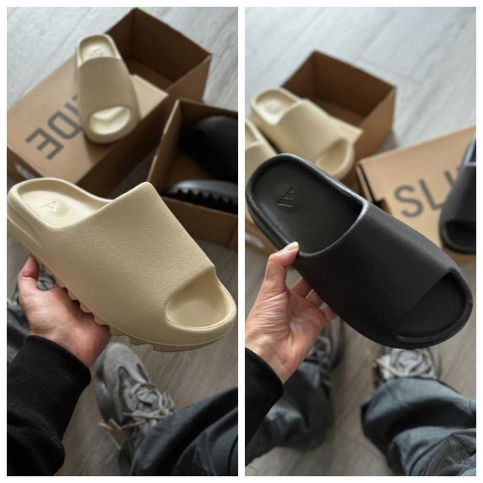 Бежевые тапочки Adidas Yeezy Slide черные шлепанцы адидас изи слайд