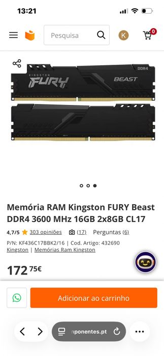 Memória RAM Kingston FURY Beast DDR4 3600 MHz 16GB 2x8GB CL17