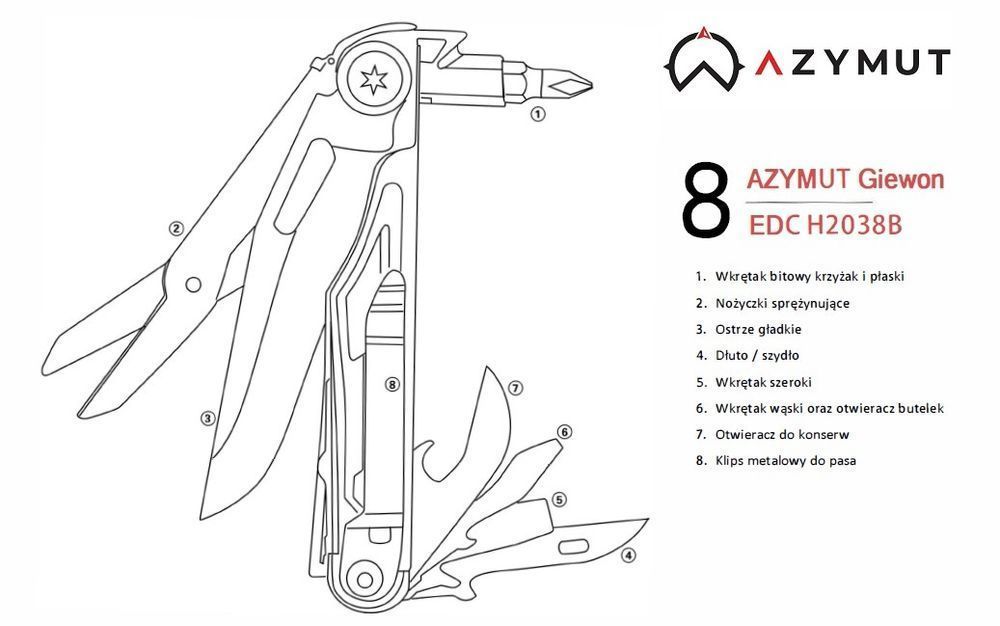 Multitool AZYMUT Giewon EDC - 8 narzędzi + kabura do pasa (H2038B)