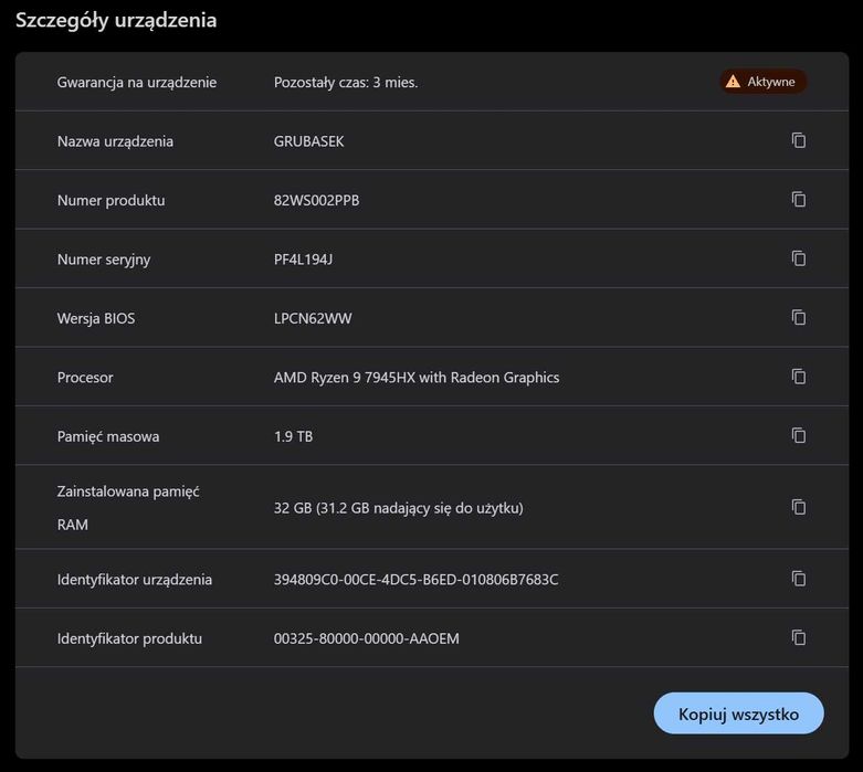Laptop Gamingowy Lenovo Legion Pro 7 Gen-8 16ARX8H RTX4080 Black Frida