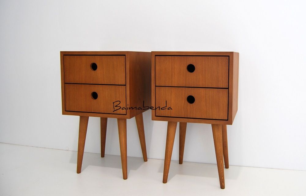 Par de Mesas de Cabeceira retro vintage estilo nordico c/ 2 gavetas