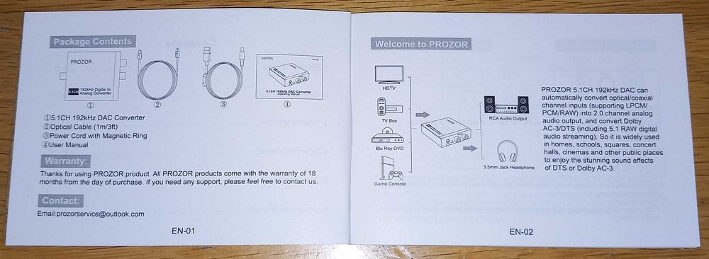 DAC PROZOR 192kHZ - 24bit : 5.1CH Digital Coaxial / Optical to RCA Stereo