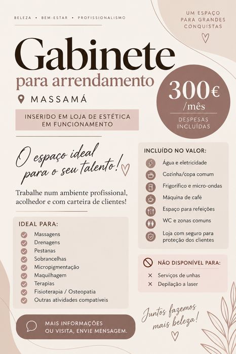 Gabinete para arrendamento (estetica)- MASSAMA