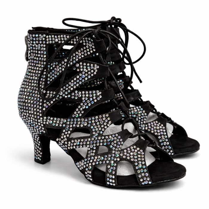 Czarne buty taneczne damskie EU36 (22,5cm) kryształki sznurowane 7 cm