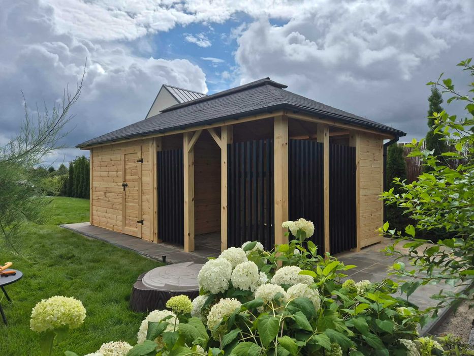 Domek narzędziowy z altaną DB10 3x6 m lamele BLANCA DREWNOTRIK