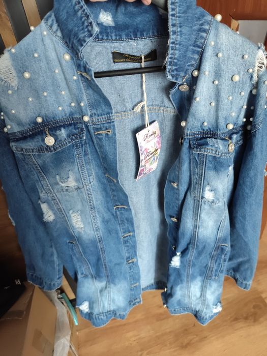 Jeansowa dłuższą katana z perełkami L