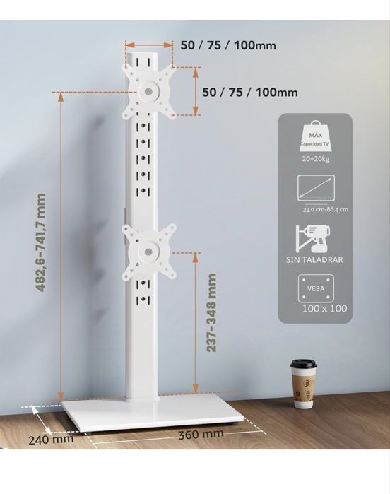 Stand branca dupla vertical para 2 monitores