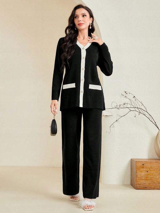 Komplet Elegancki Sweterkowy Top + Kardigan + Spodnie Czarne Shein M